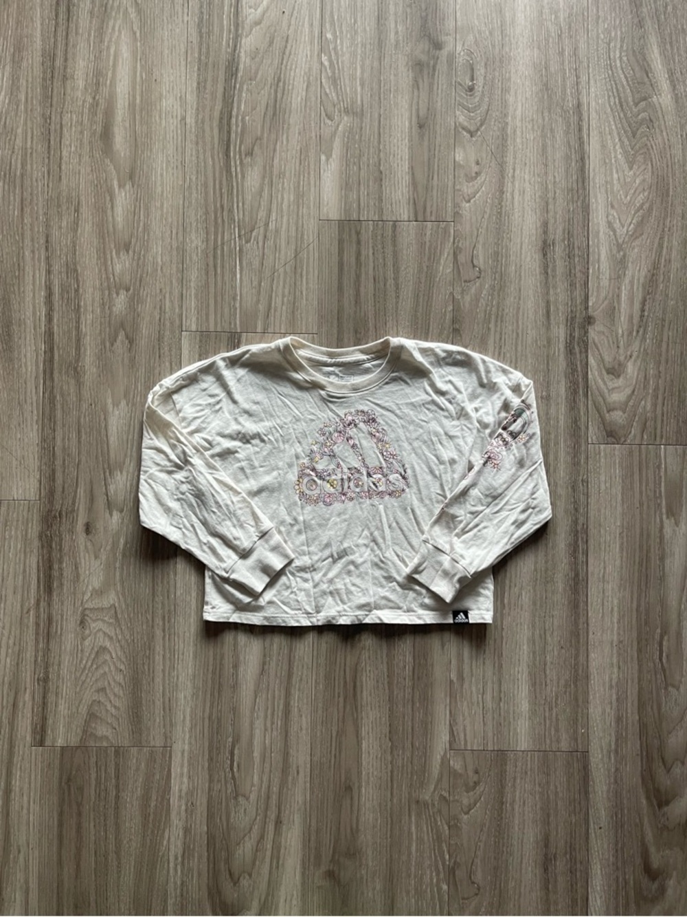 adidas Cream Long-Sleeve Floral Logo Crop Sweatshirt